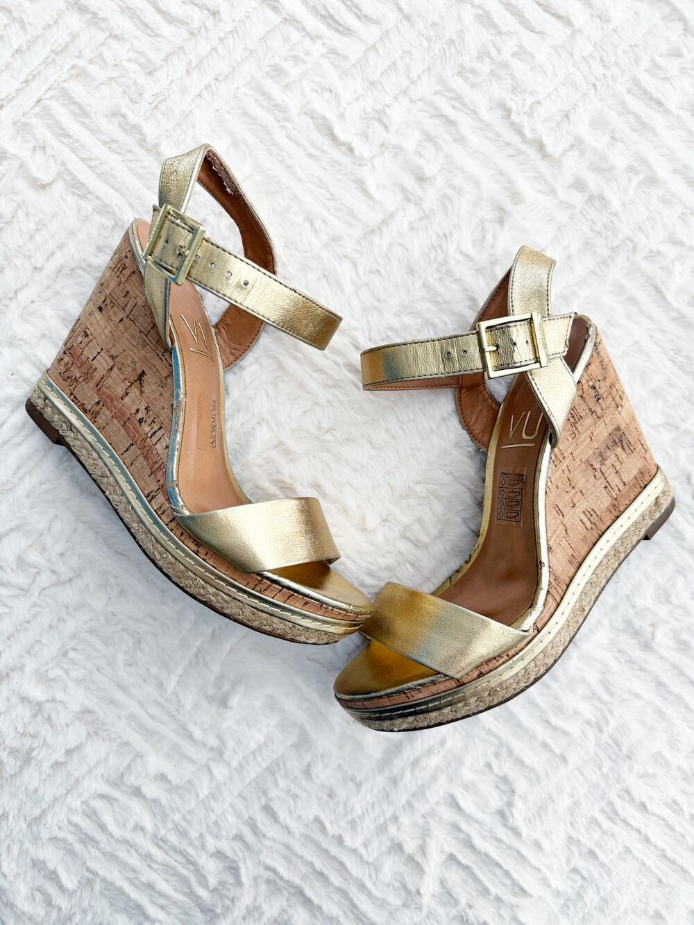 Vizzano Gold Metallic Cork Wedge Espadrille Sandals Resort Vacation Boho Chic